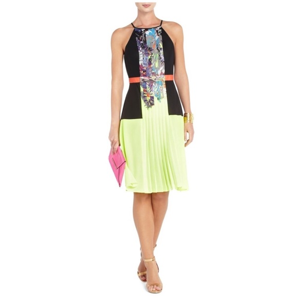 BCBGMaxAzria Black and Neon Green Floral Dress size 6 NWOT - Picture 2 of 14